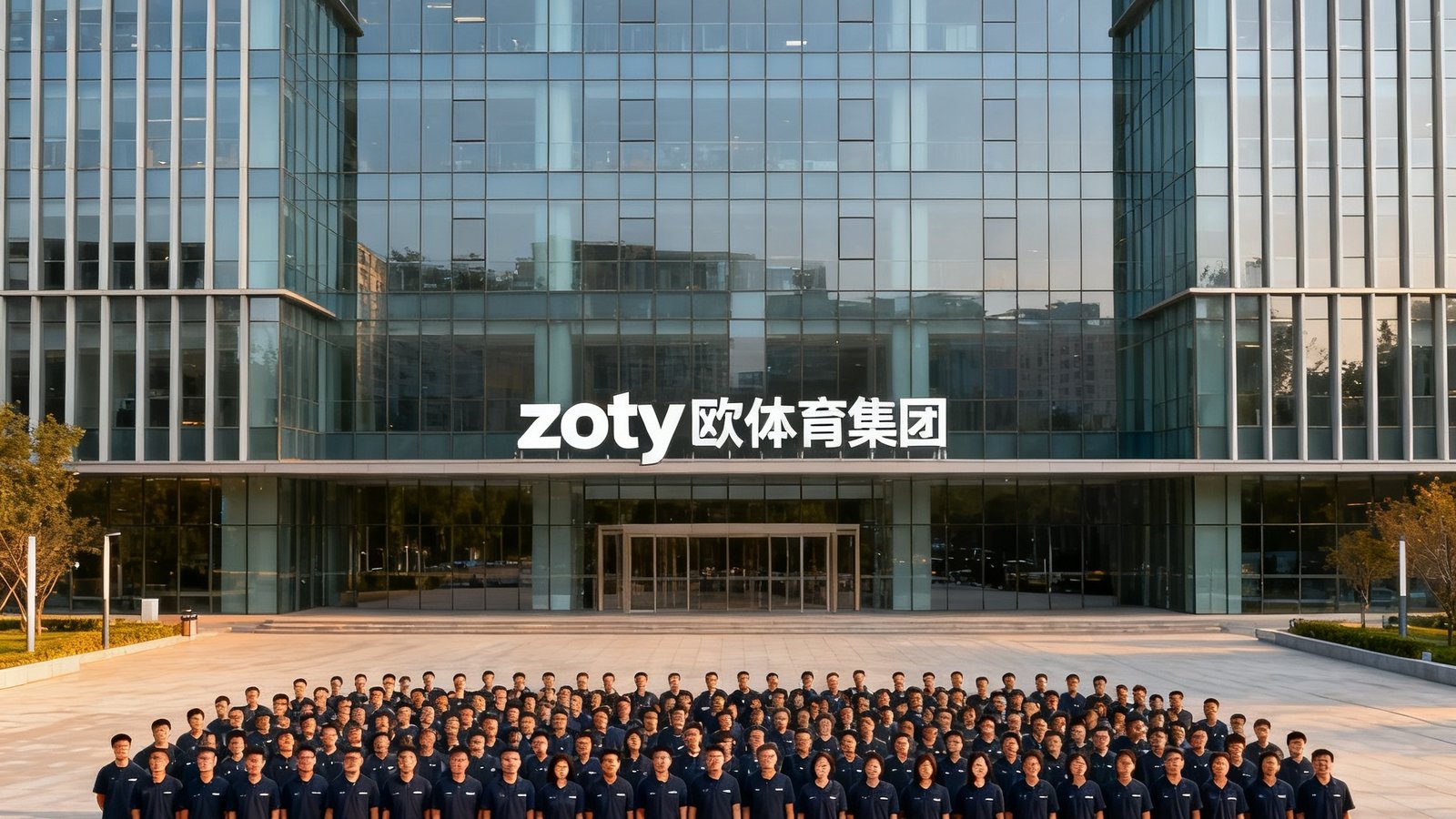 zoty中欧体育集团位于北京朝阳区的总部大楼外景，现代化玻璃幕墙建筑前广场上全体员工大合影，展现团队凝聚力