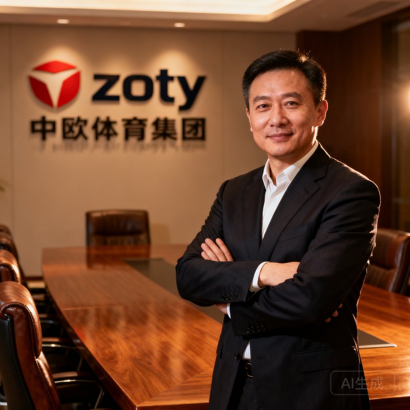 zoty中欧体育集团创始人兼CEO陈启明，身穿深色西装双手交叉于胸前，背景为集团总部会议室，表情坚定而温和